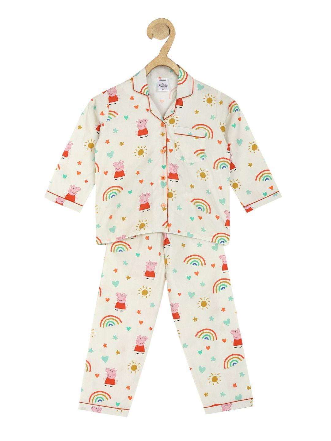 shopbloom kids white & multicoloured printed pure cotton night suit
