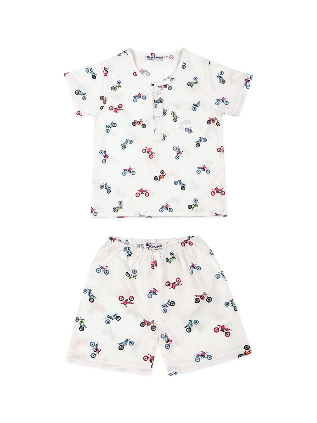 shopbloom kids white & red cotton blend printed night suit