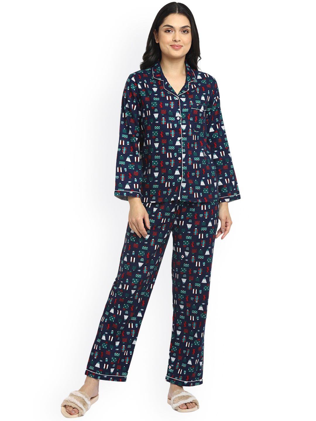 shopbloom navy blue abstract printed cotton night suit