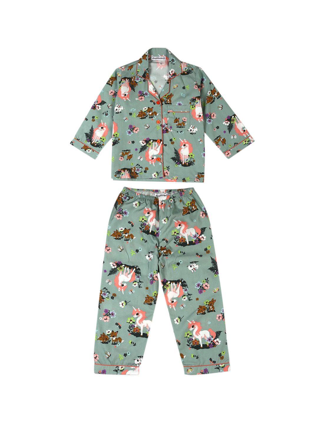 shopbloom unisex kids green & white printed night suit