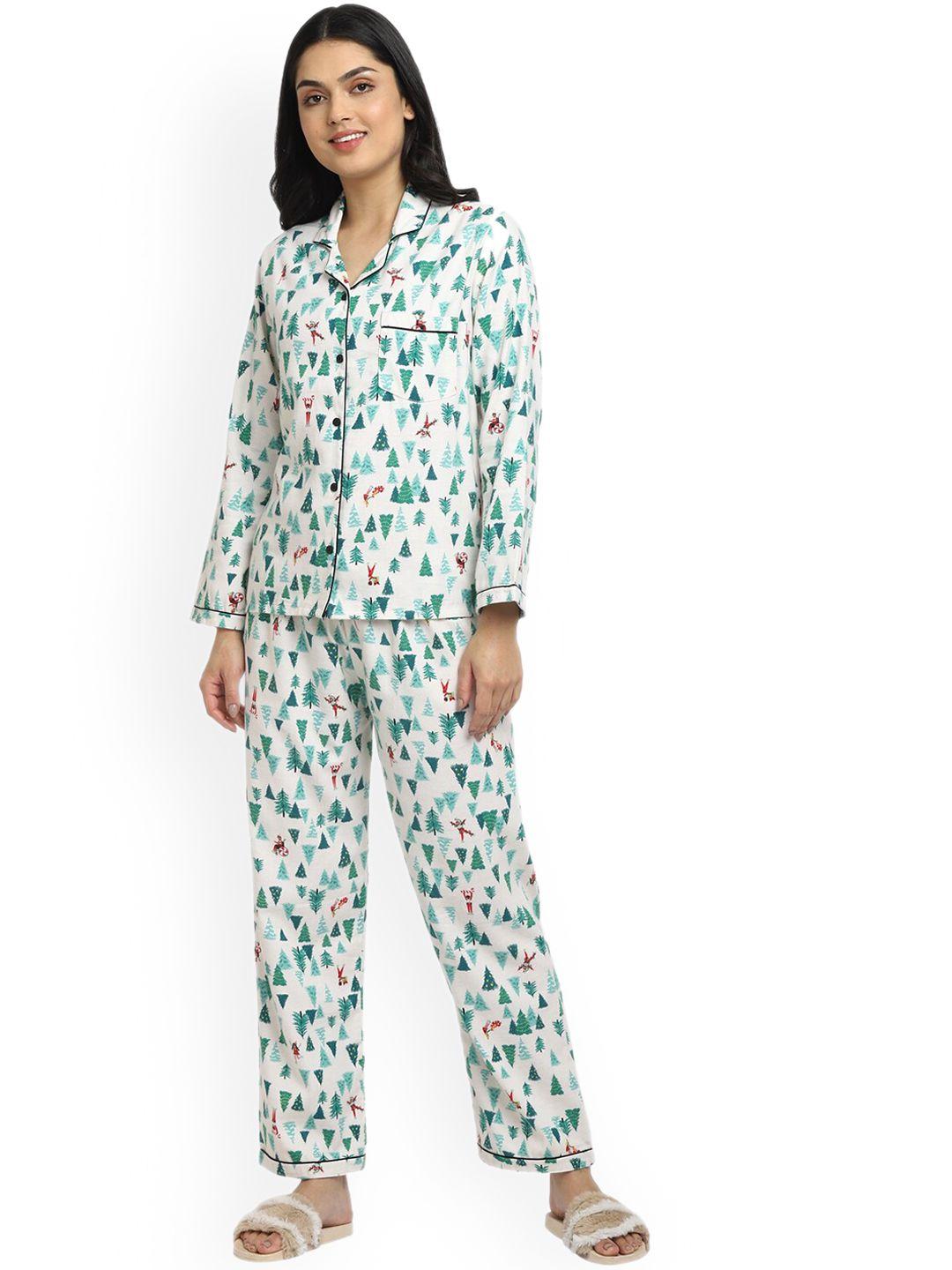 shopbloom women beige & green printed cotton night suit