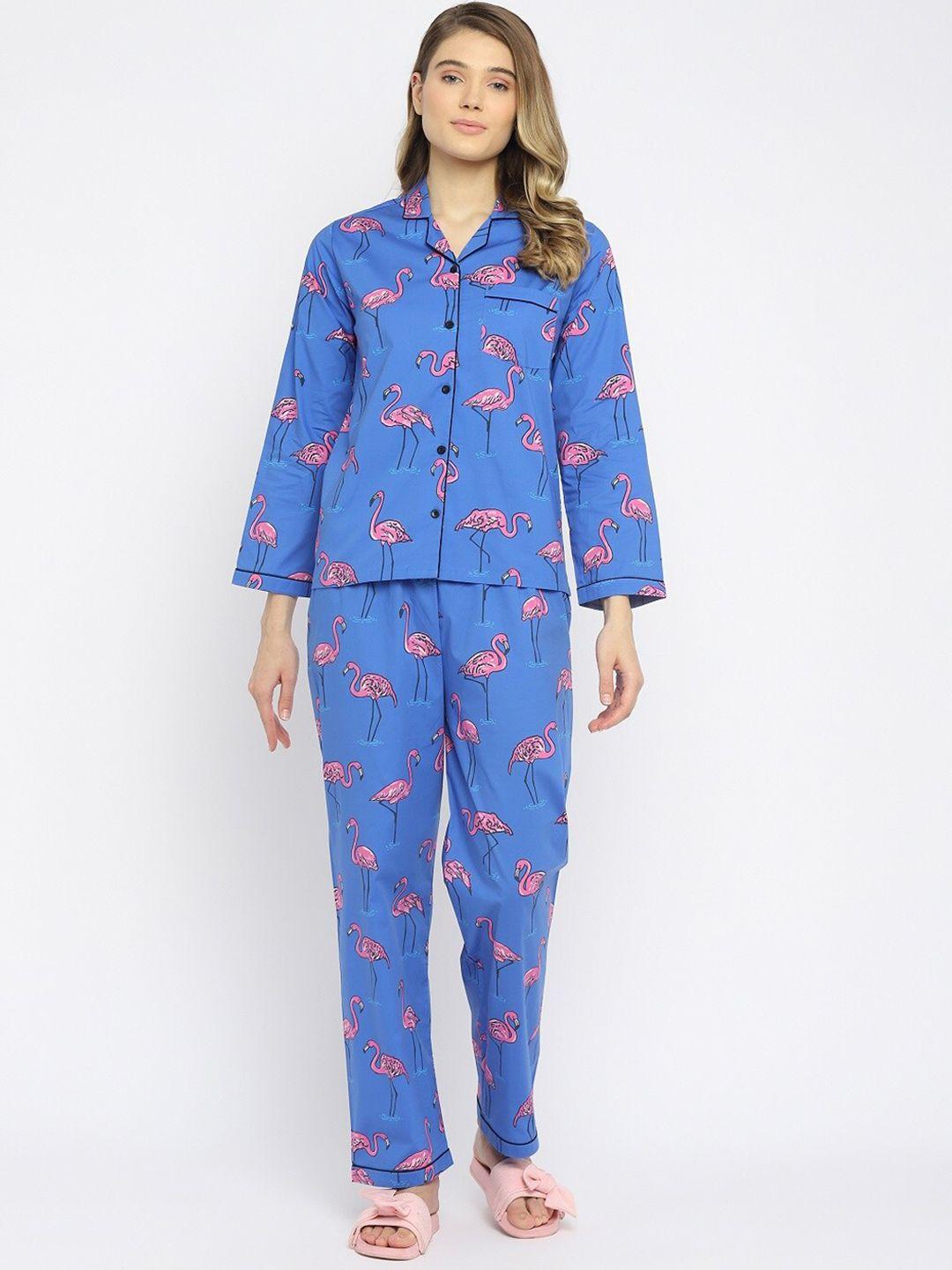 shopbloom women blue & pink flamingo printed pure cotton night suit