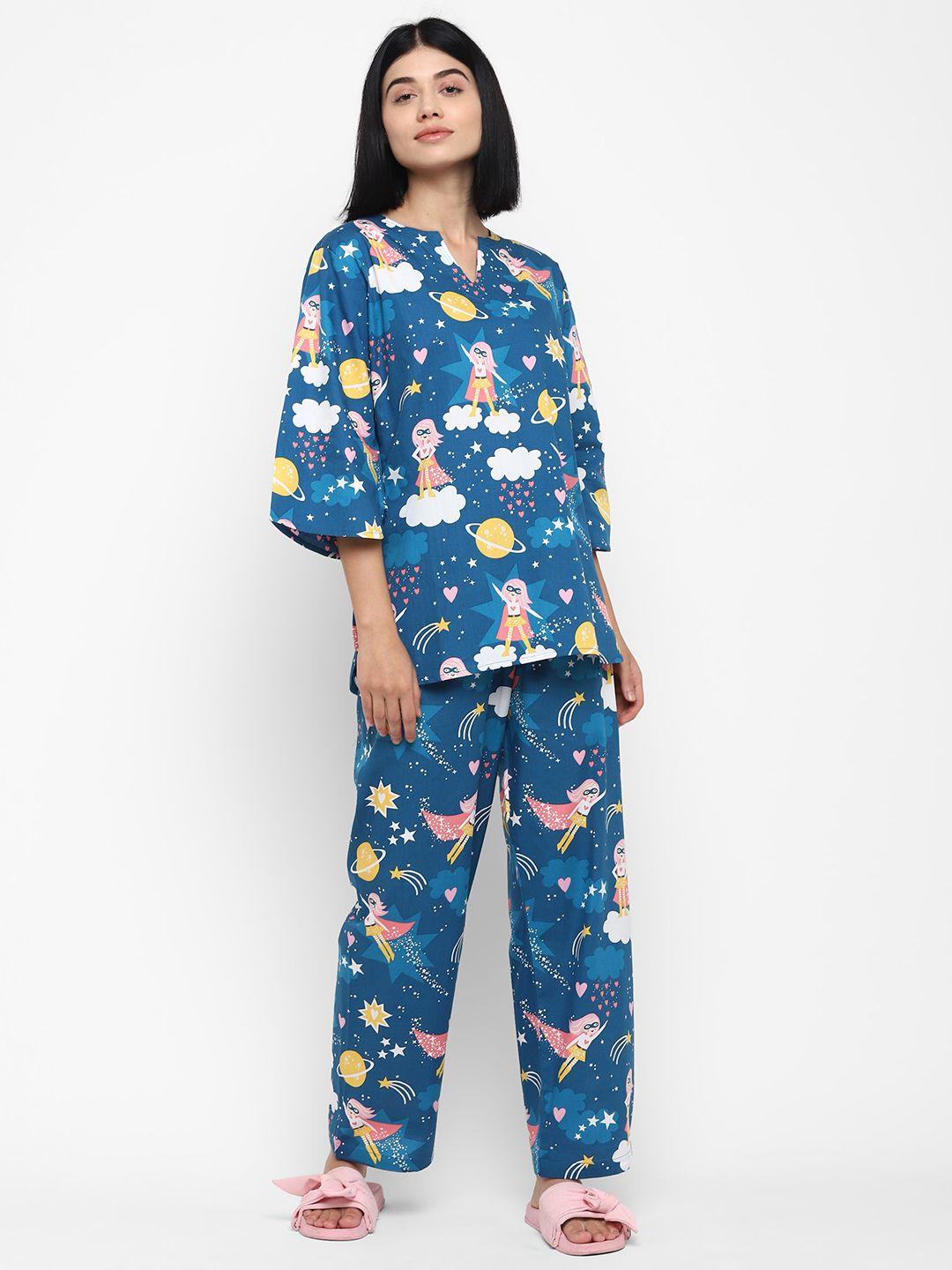 shopbloom women blue cotton printed night suit