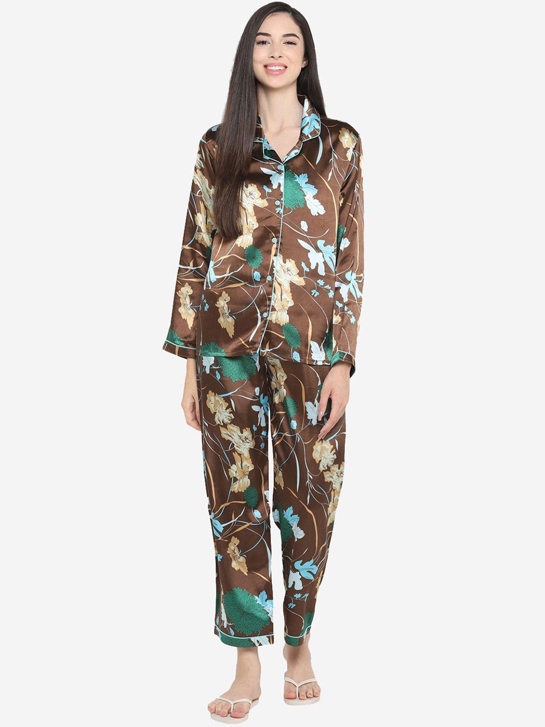 shopbloom women brown & green printed night suit