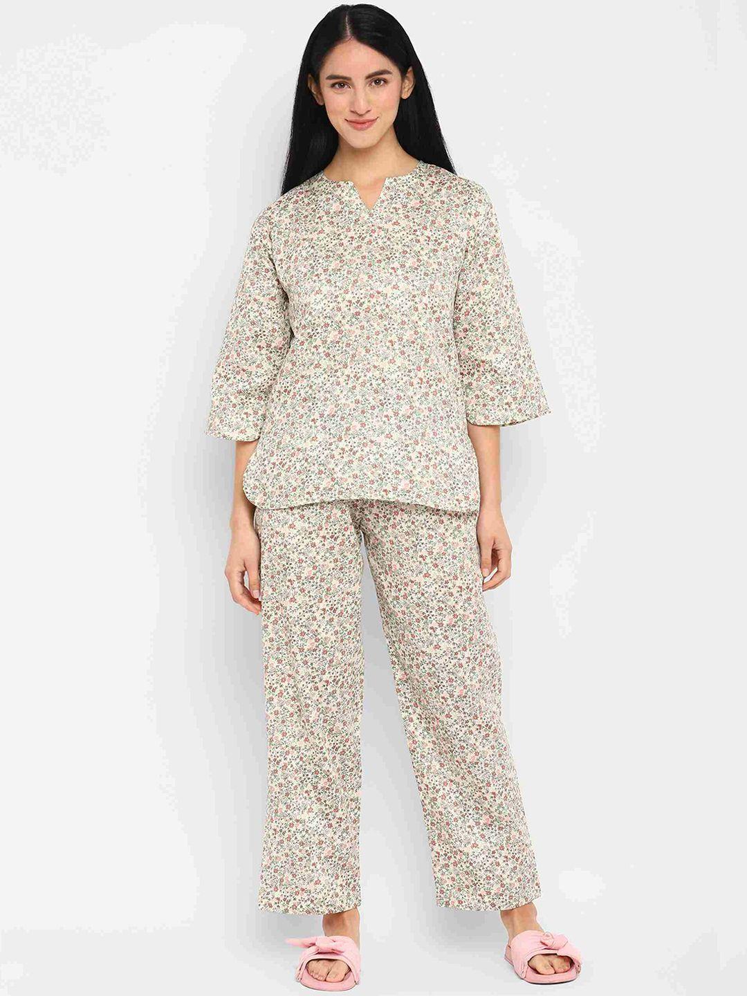 shopbloom women brown & green printed night suit