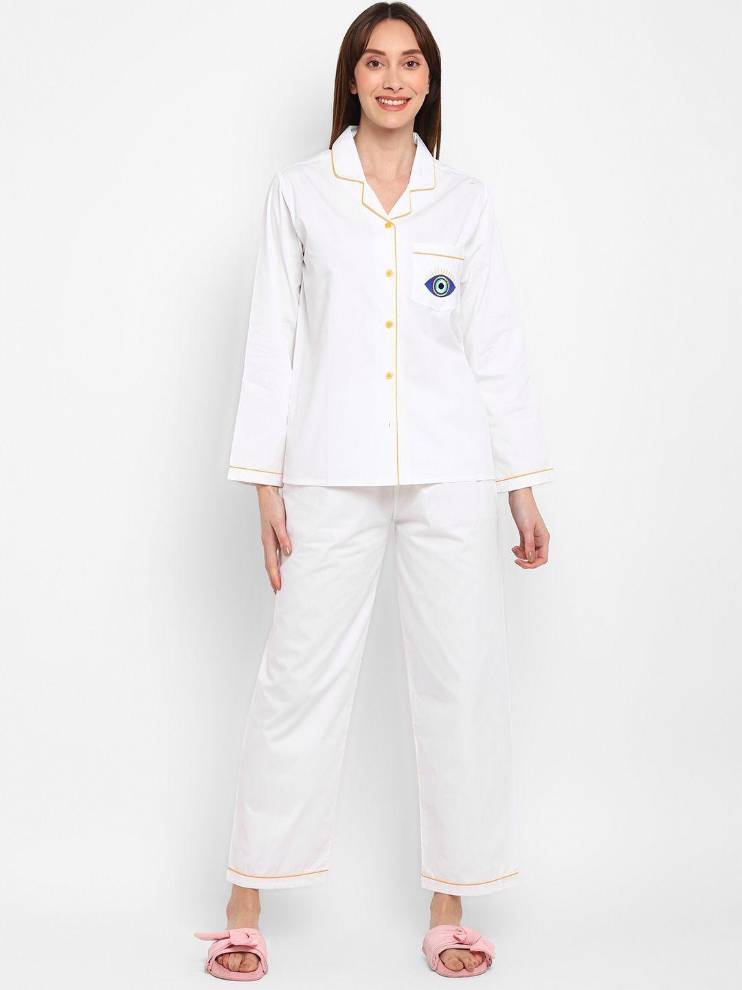 shopbloom women evil eye embroidered pure cotton lapel collar shirt & pyjamas