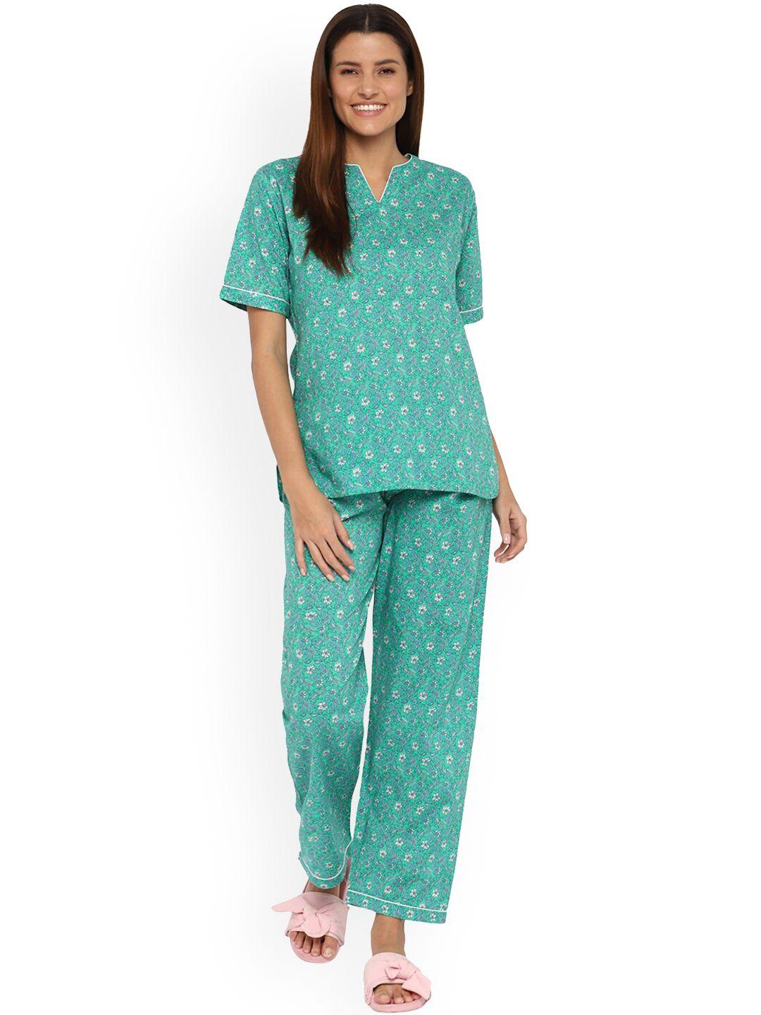 shopbloom women green printed pure cotton night suit