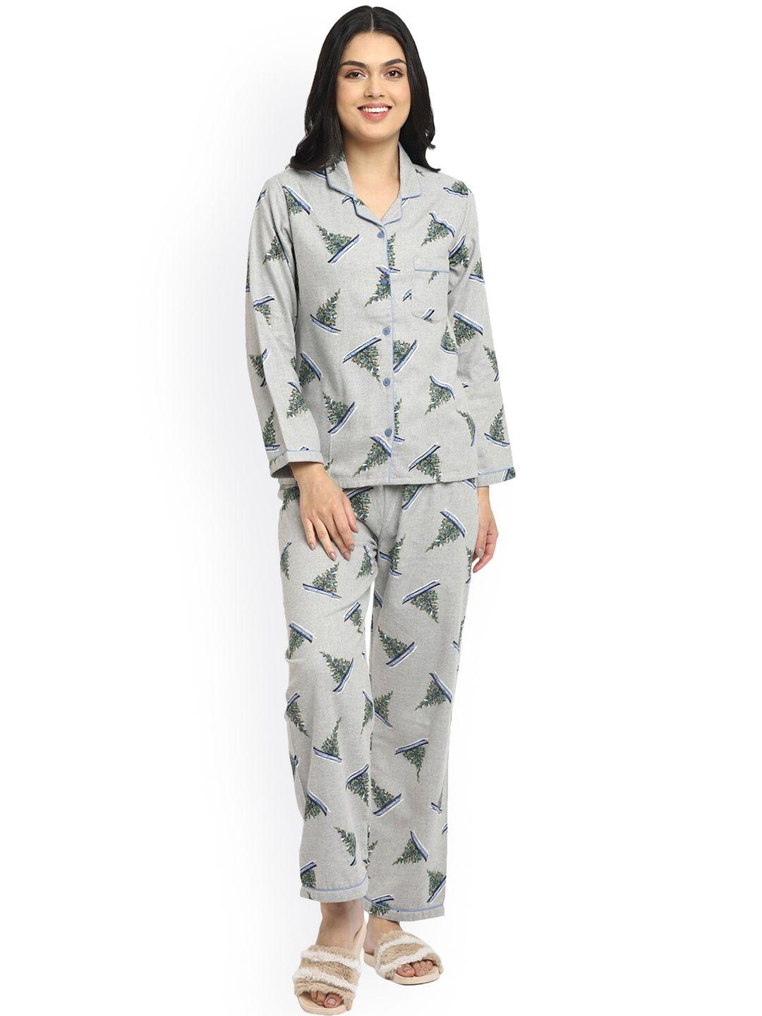 shopbloom women grey & green printed cotton night suit