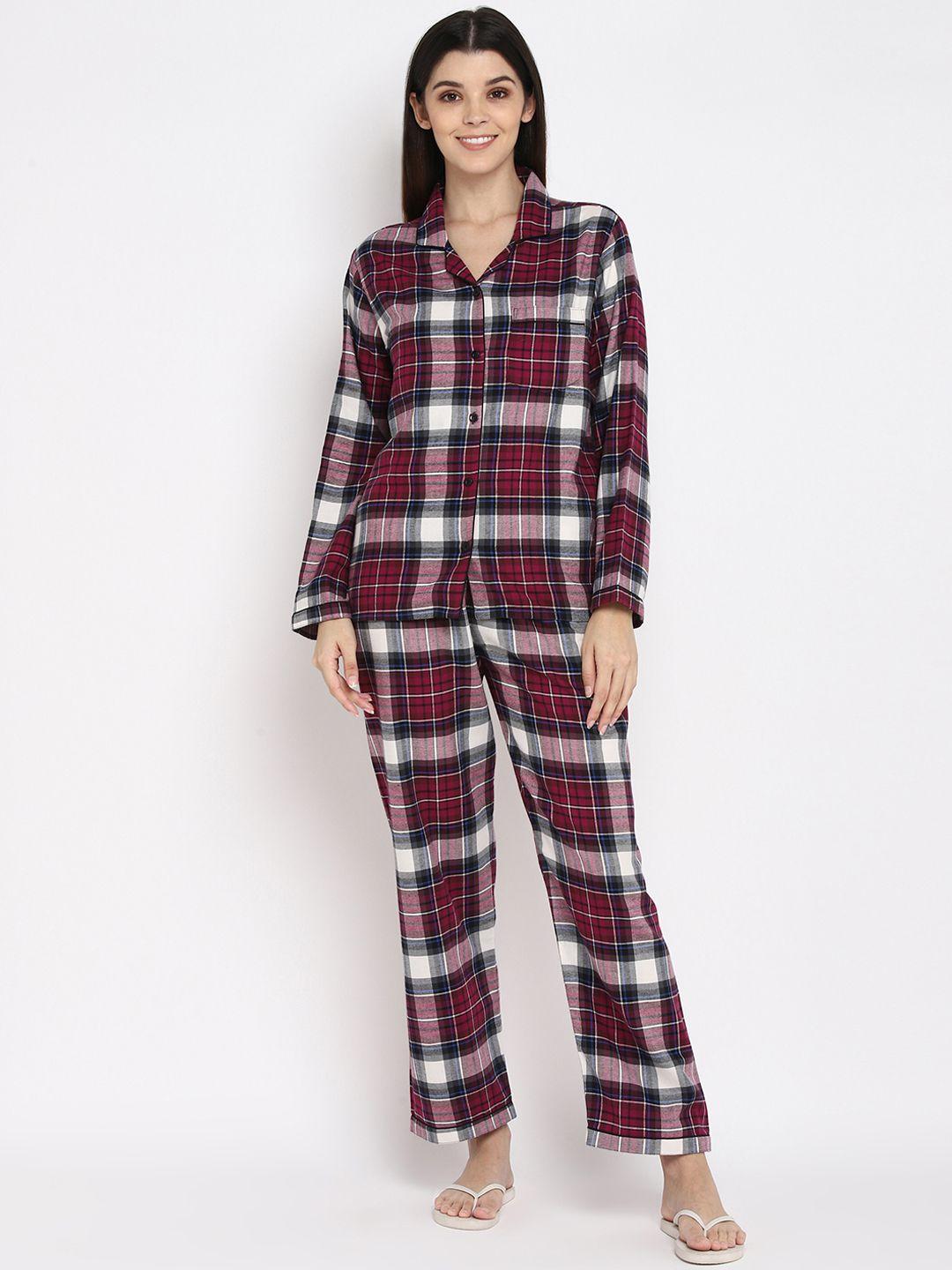 shopbloom women maroon & white checked cotton night suit