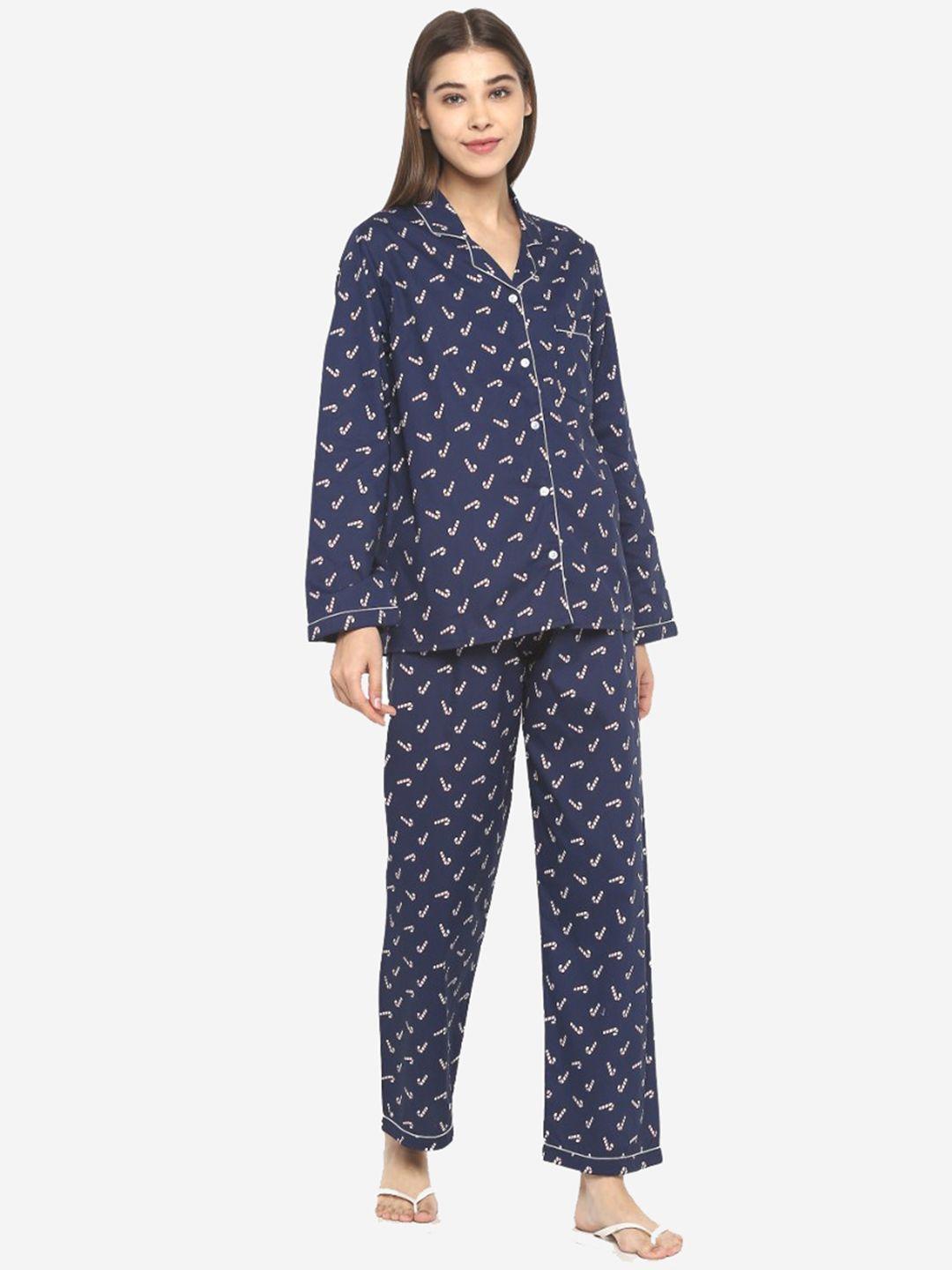 shopbloom women navy blue & red printed cotton night suit