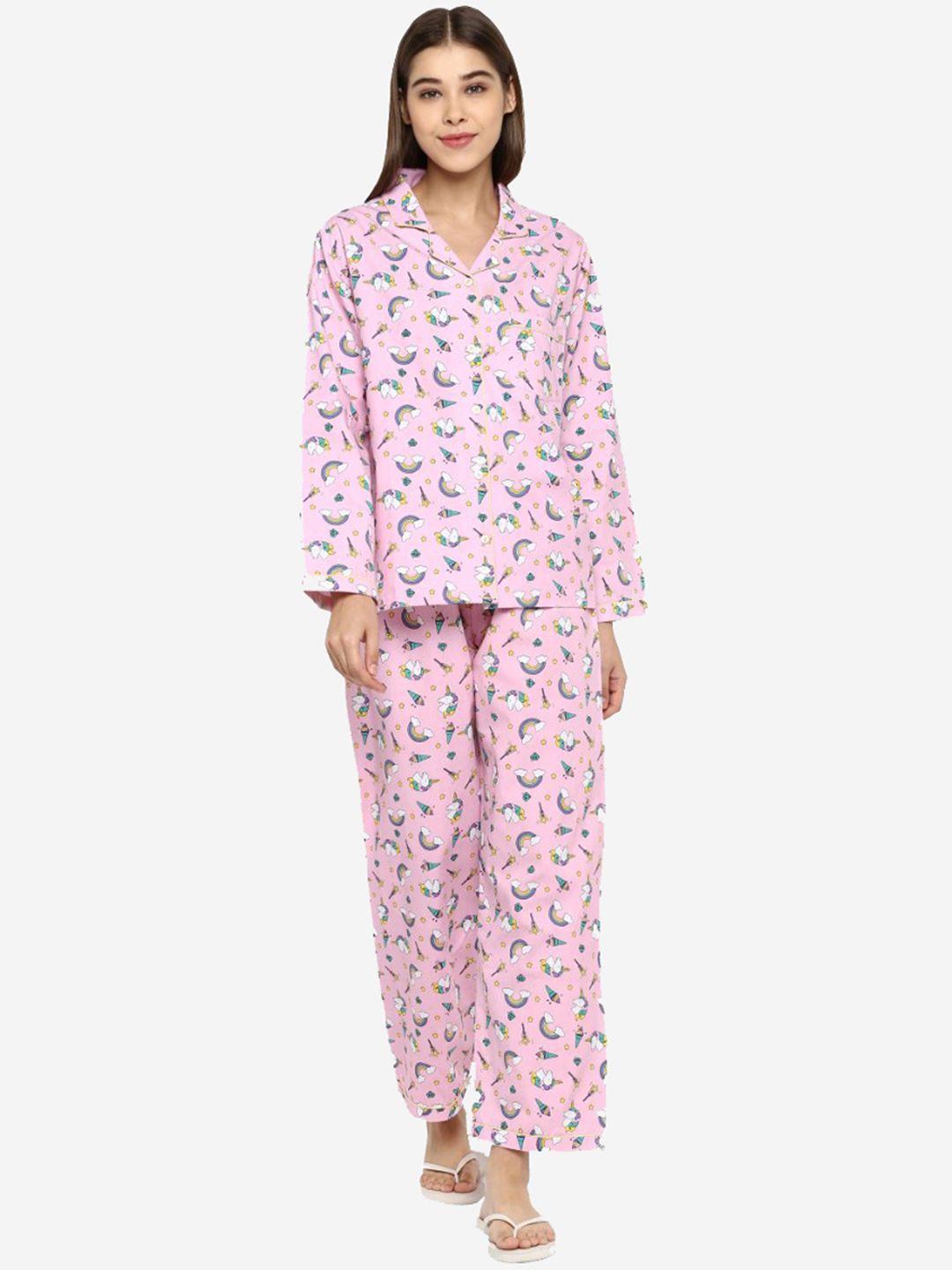 shopbloom women pink & yellow printed night suit