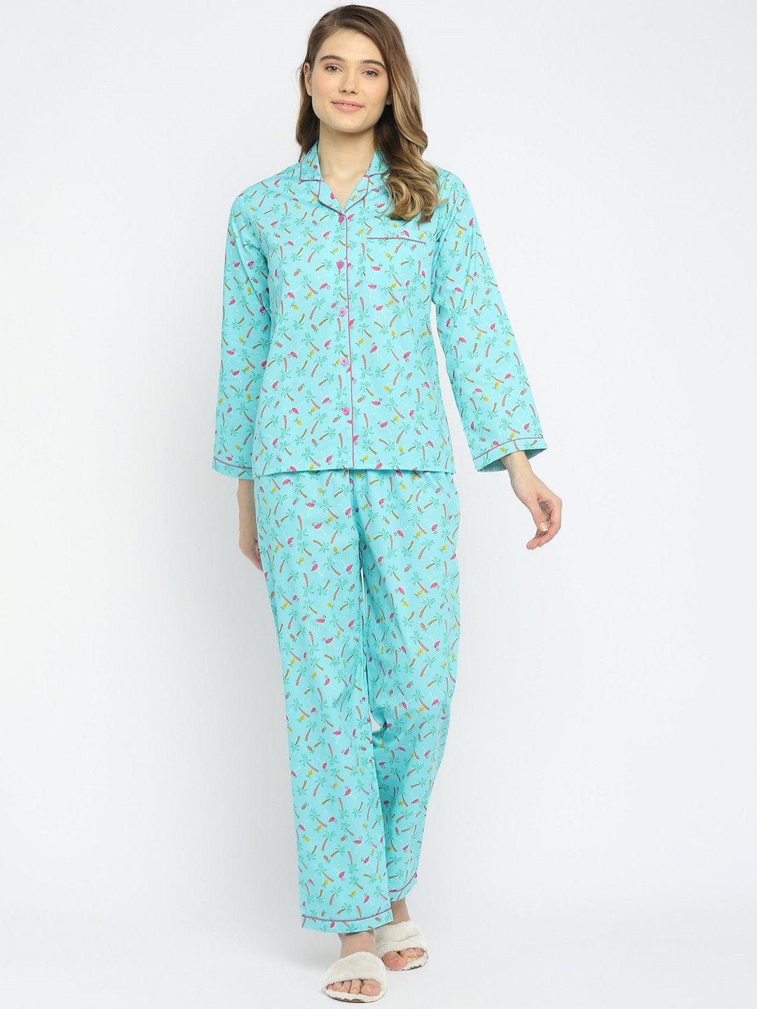 shopbloom women turquoise blue conversational printed pure cotton night suit