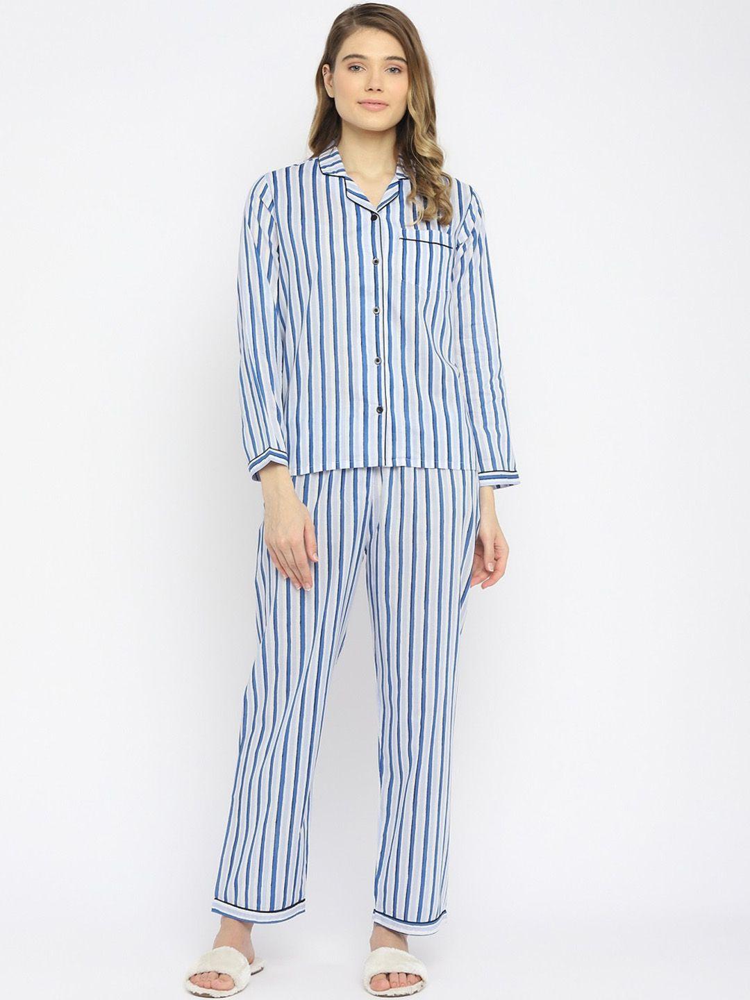 shopbloom women white & blue striped pure cotton night suit