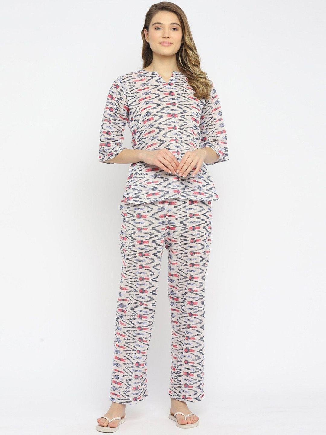 shopbloom women white & pink printed pure cotton night suit