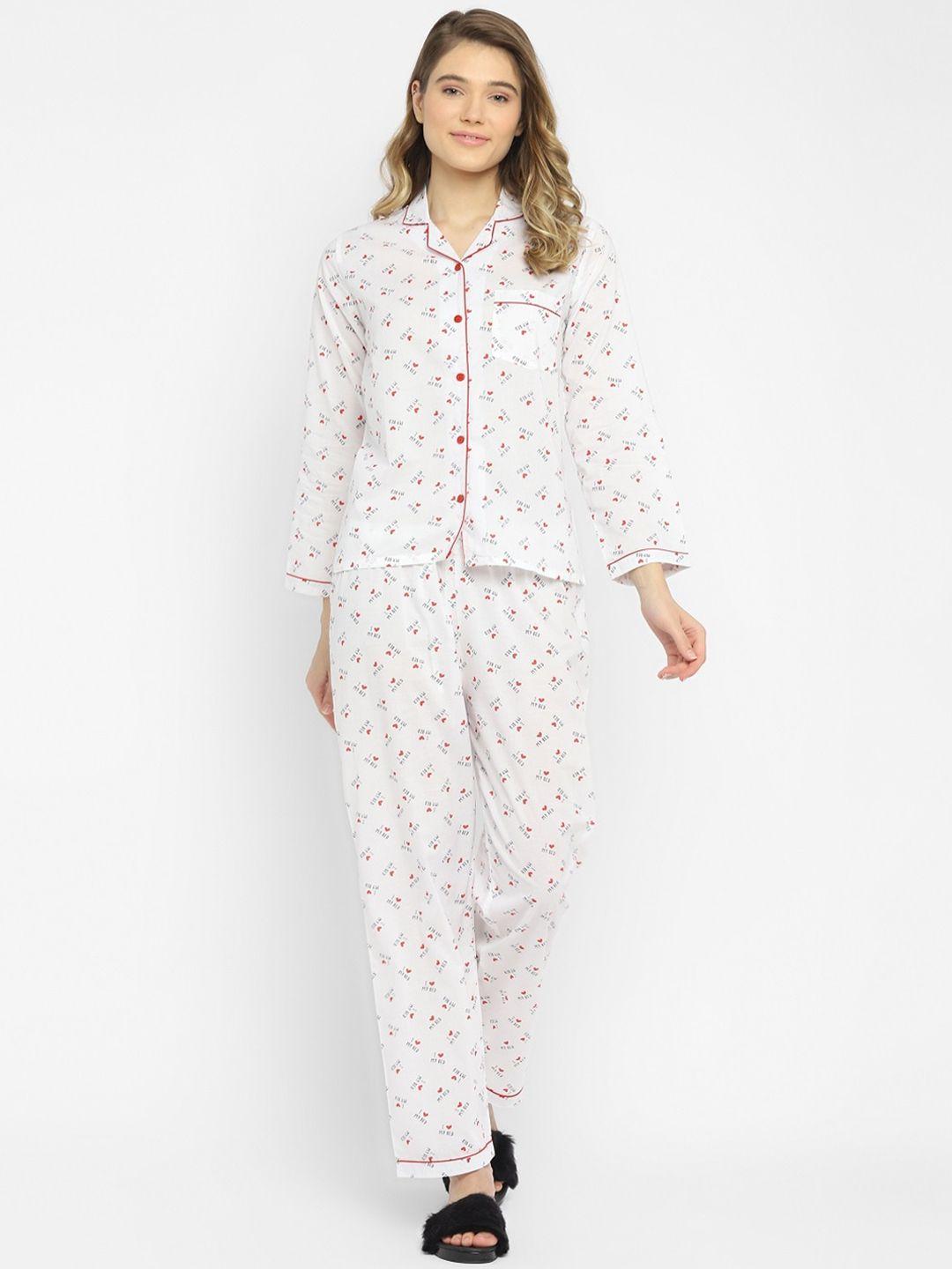 shopbloom women white & red pure cotton printed night suit