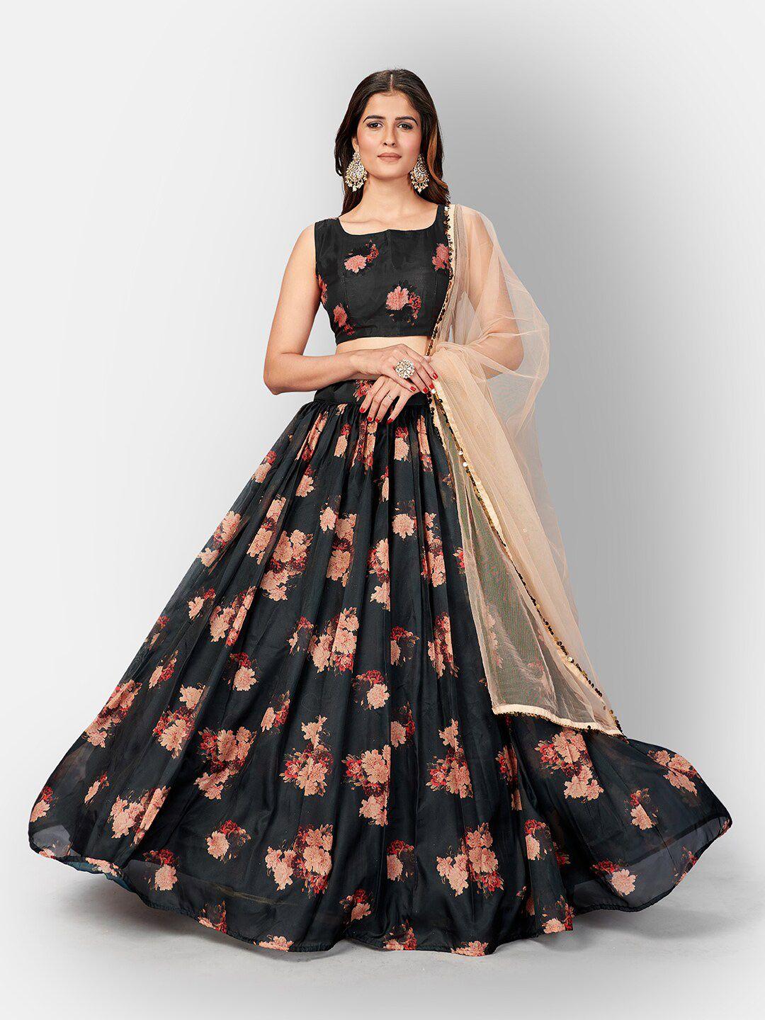 shopgarb black & pink printed semi-stitched lehenga & unstitched blouse with dupatta
