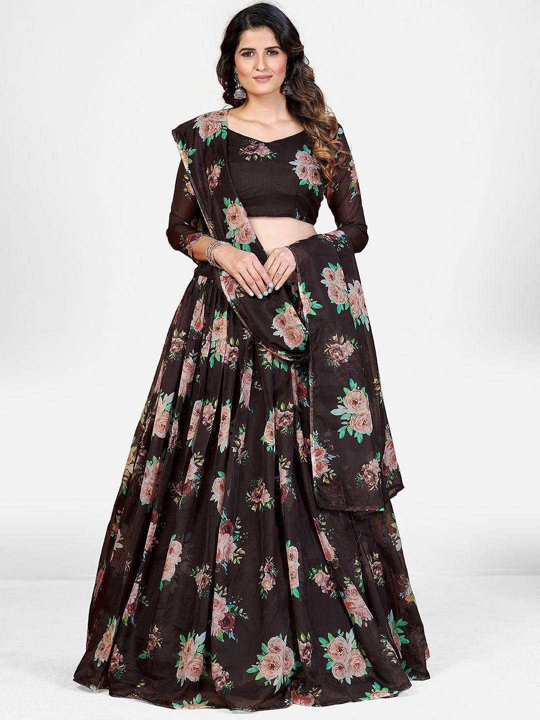 shopgarb brown & pink printed semi-stitched lehenga & unstitched blouse with dupatta