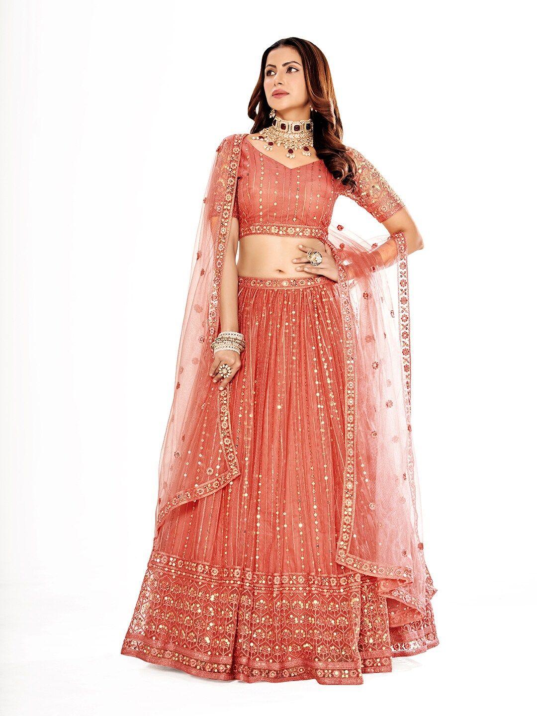 shopgarb embroidered sequinned semi-stitched lehenga & unstitched blouse with dupatta