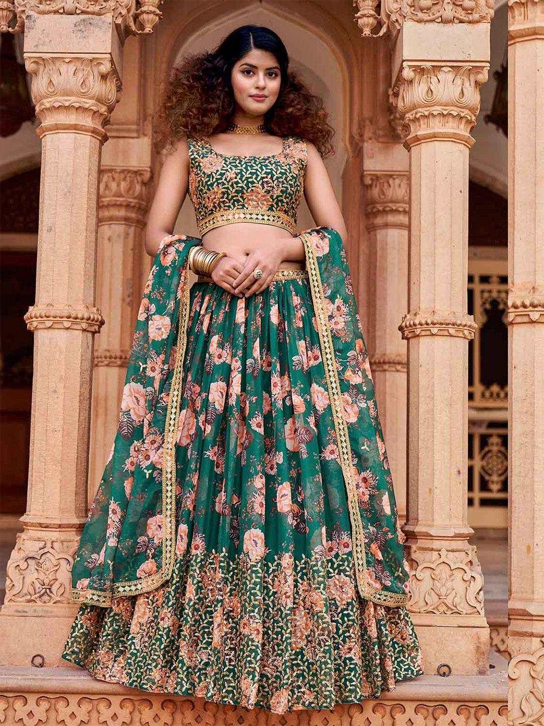 shopgarb green & peach-coloured embroidered sequinned shibori semi-stitched lehenga & unstitched blouse with