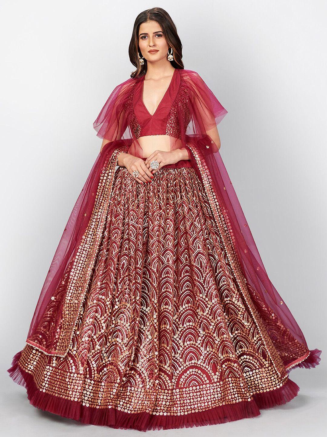 shopgarb maroon & gold-toned embellished sequinned semi-stitched lehenga & unstitched blouse with dupatta