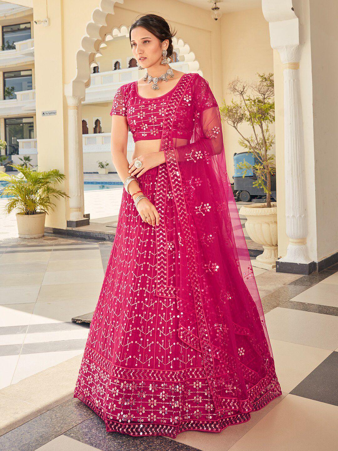 shopgarb pink & gold-toned embellished sequinned semi-stitched lehenga & unstitched blouse with dupatta