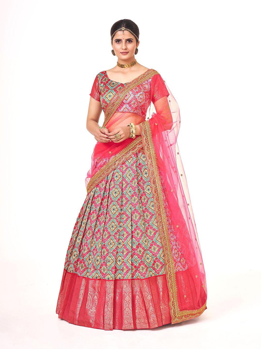 shopgarb printed thread work semi-stitched lehenga & unstitched blouse with dupatta