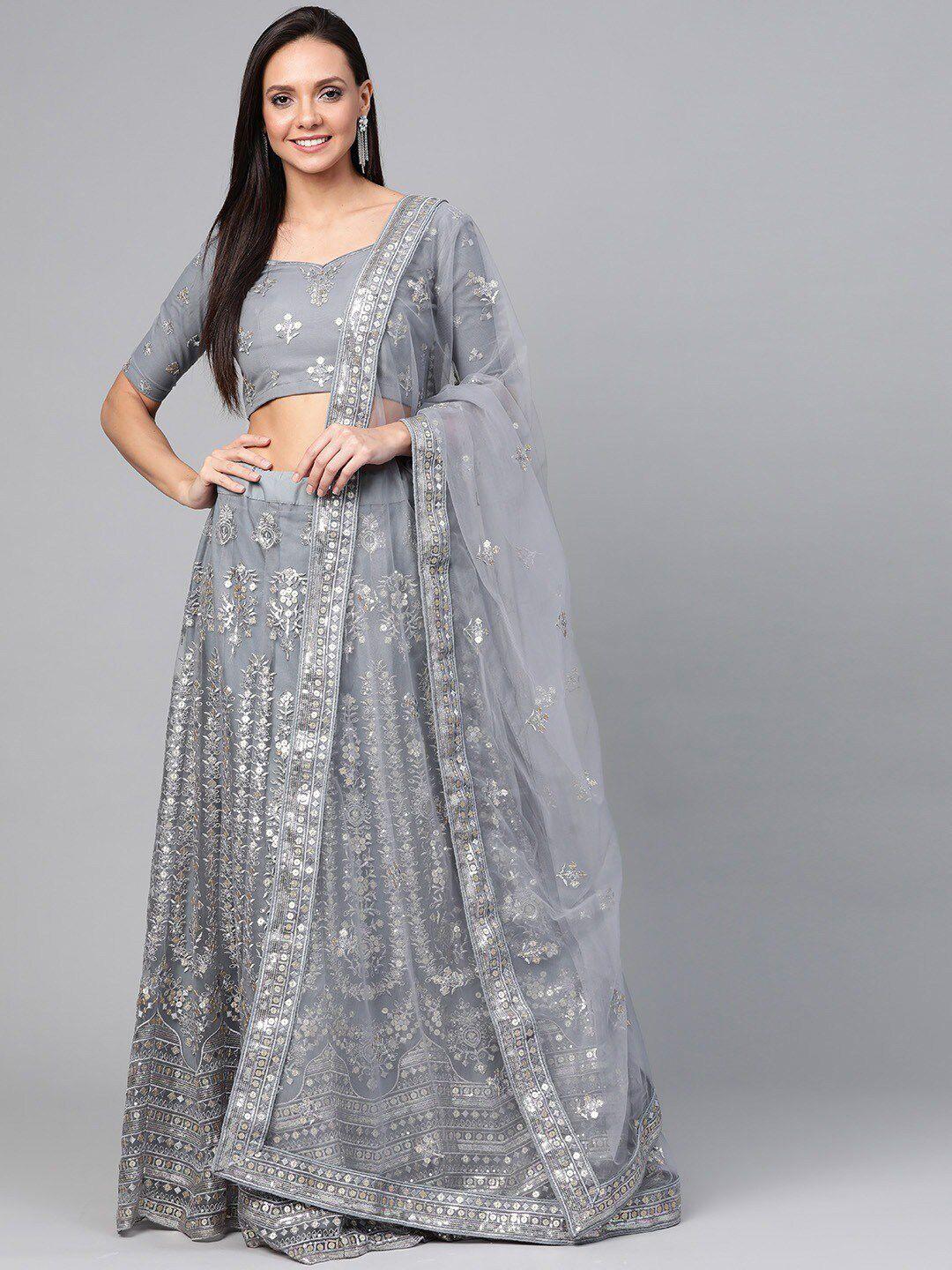shopgarb women grey embellished semi-stitched lehenga & unstitched blouse with dupatta