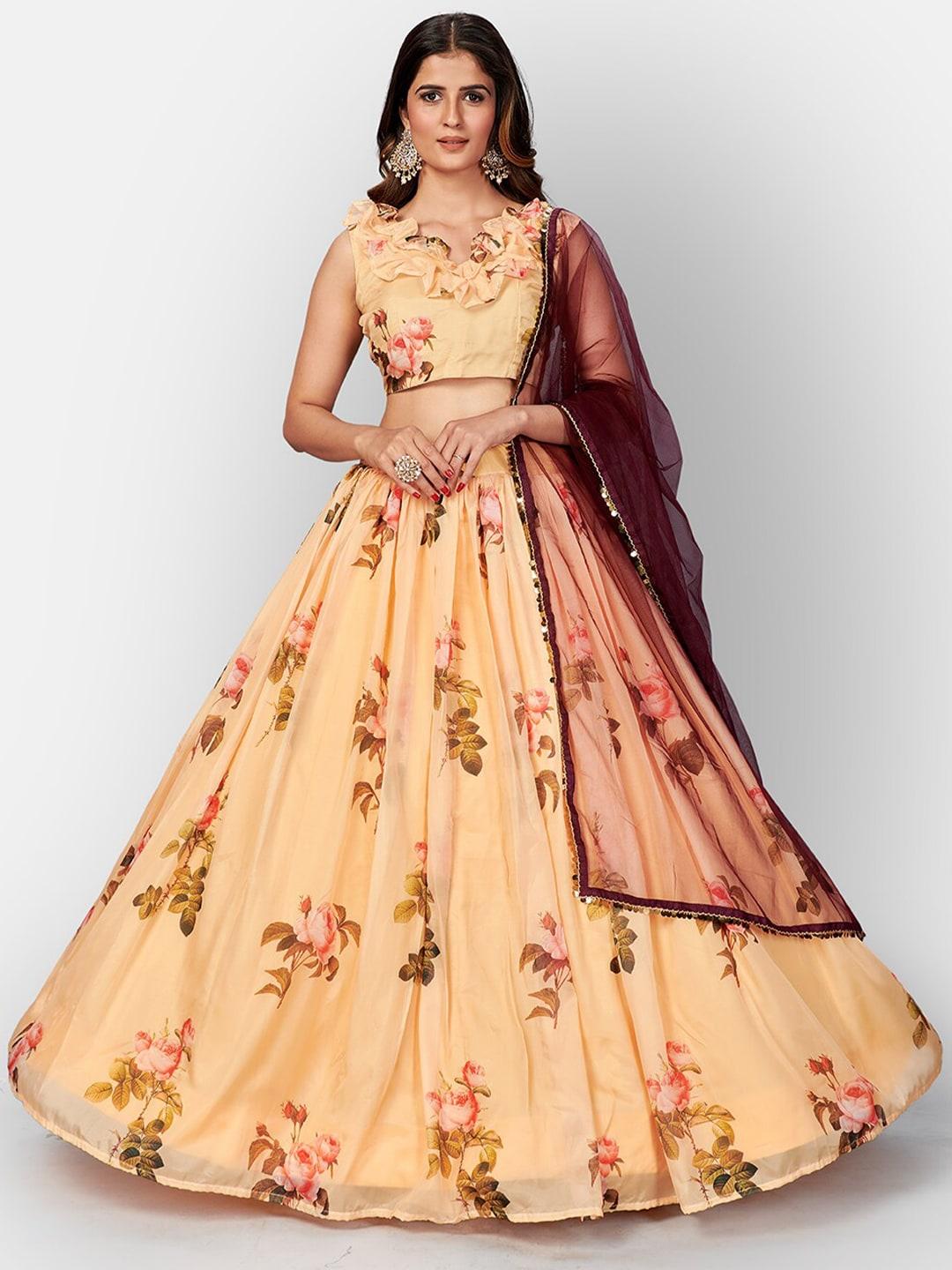 shopgarb yellow & green printed semi-stitched lehenga & unstitched blouse with dupatta