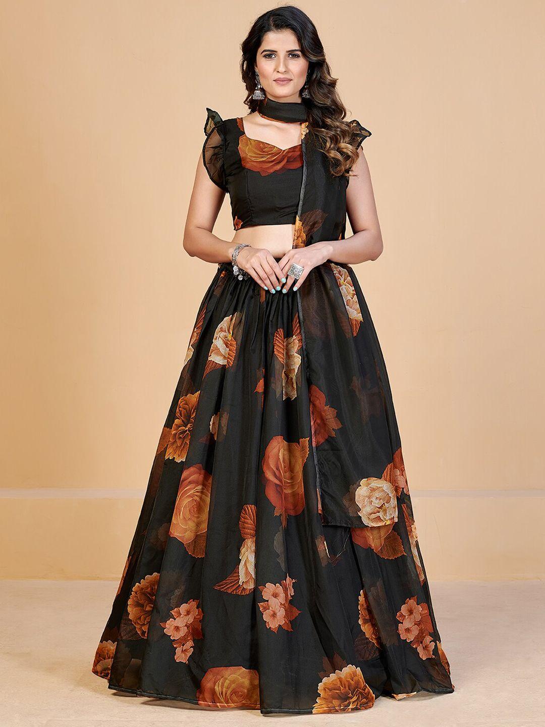 shopgarb black & gold-toned printed semi-stitched lehenga & unstitched blouse with dupatta
