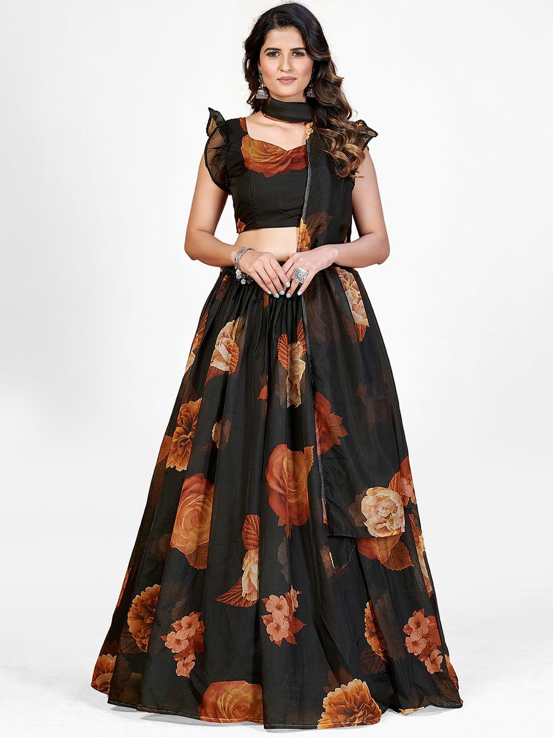 shopgarb black & orange printed semi-stitched lehenga & unstitched blouse with dupatta