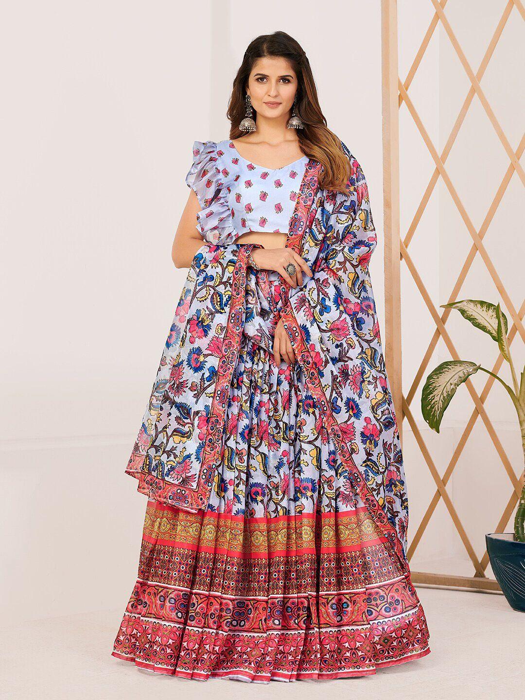 shopgarb blue & magenta printed semi-stitched lehenga & unstitched blouse with dupatta