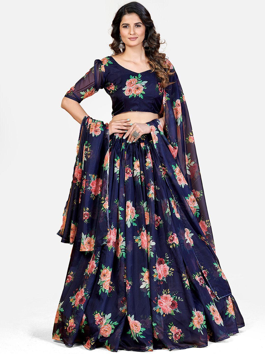 shopgarb blue & red printed semi-stitched lehenga & unstitched blouse with dupatta