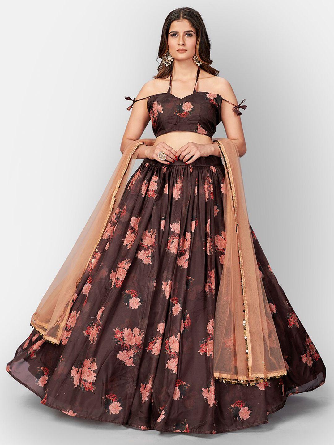 shopgarb brown & red printed semi-stitched lehenga & unstitched blouse with dupatta