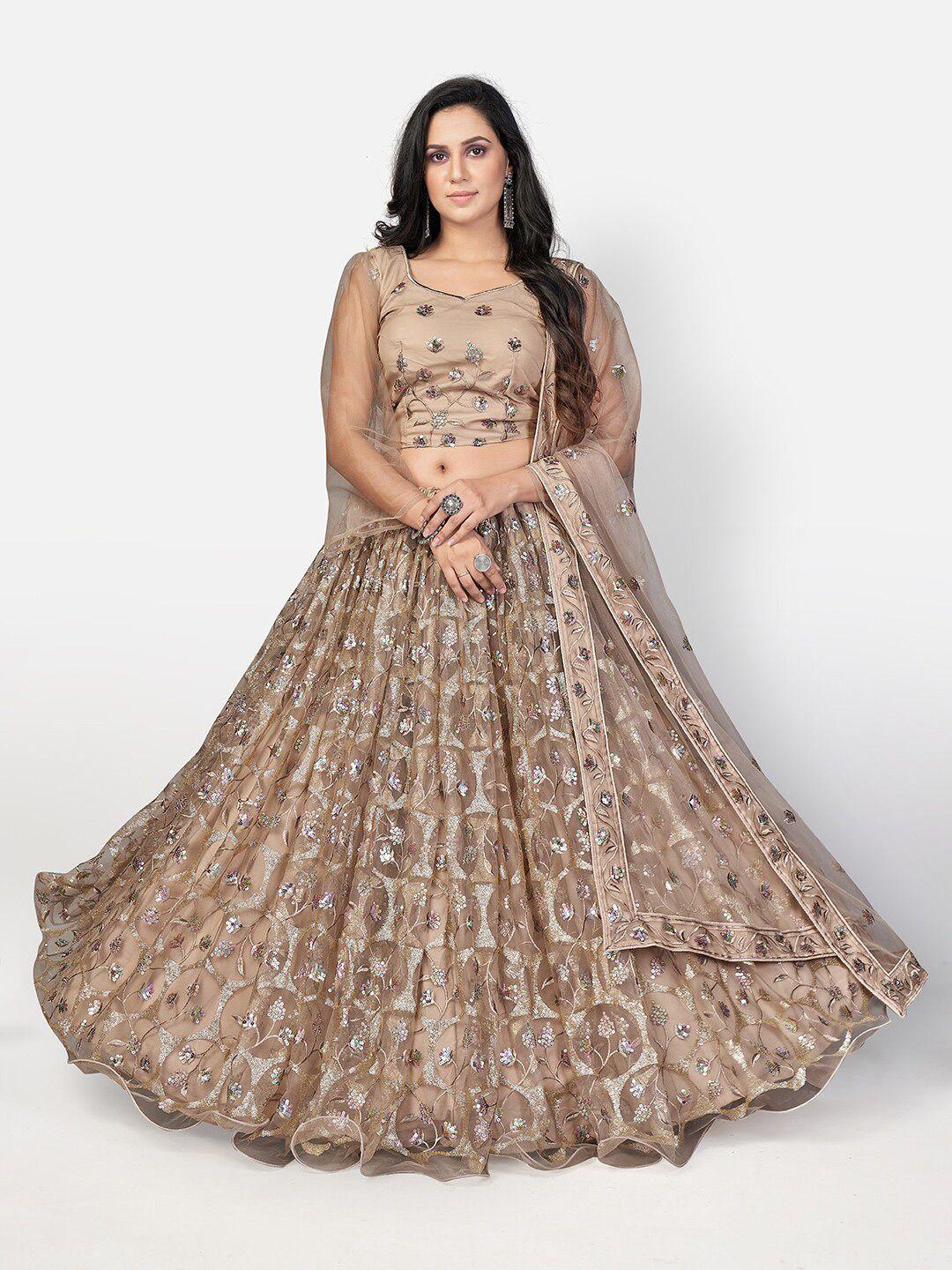 shopgarb copper-toned & silver-toned embellished sequinned semi-stitched lehenga & unstitched blouse with