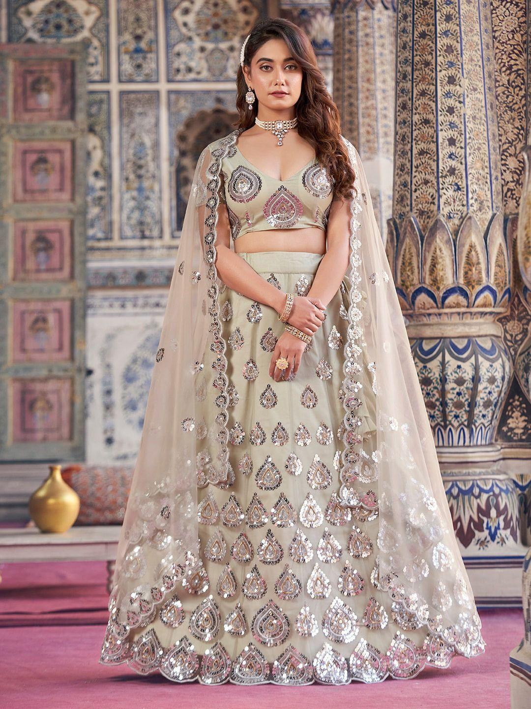 shopgarb embroidered sequinned semi-stitched lehenga & unstitched blouse with dupatta