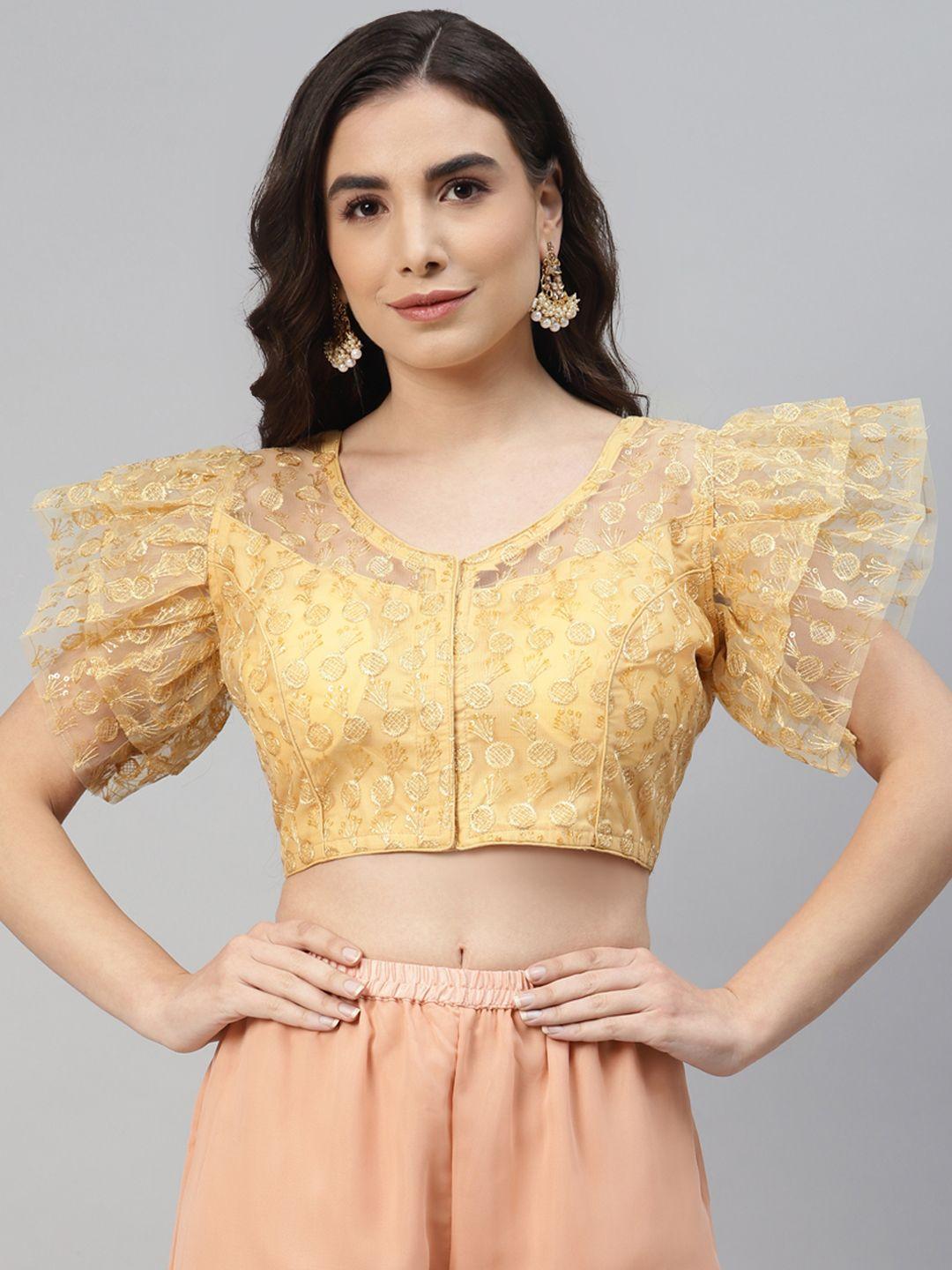 shopgarb golden sequinned georgette net saree blouse