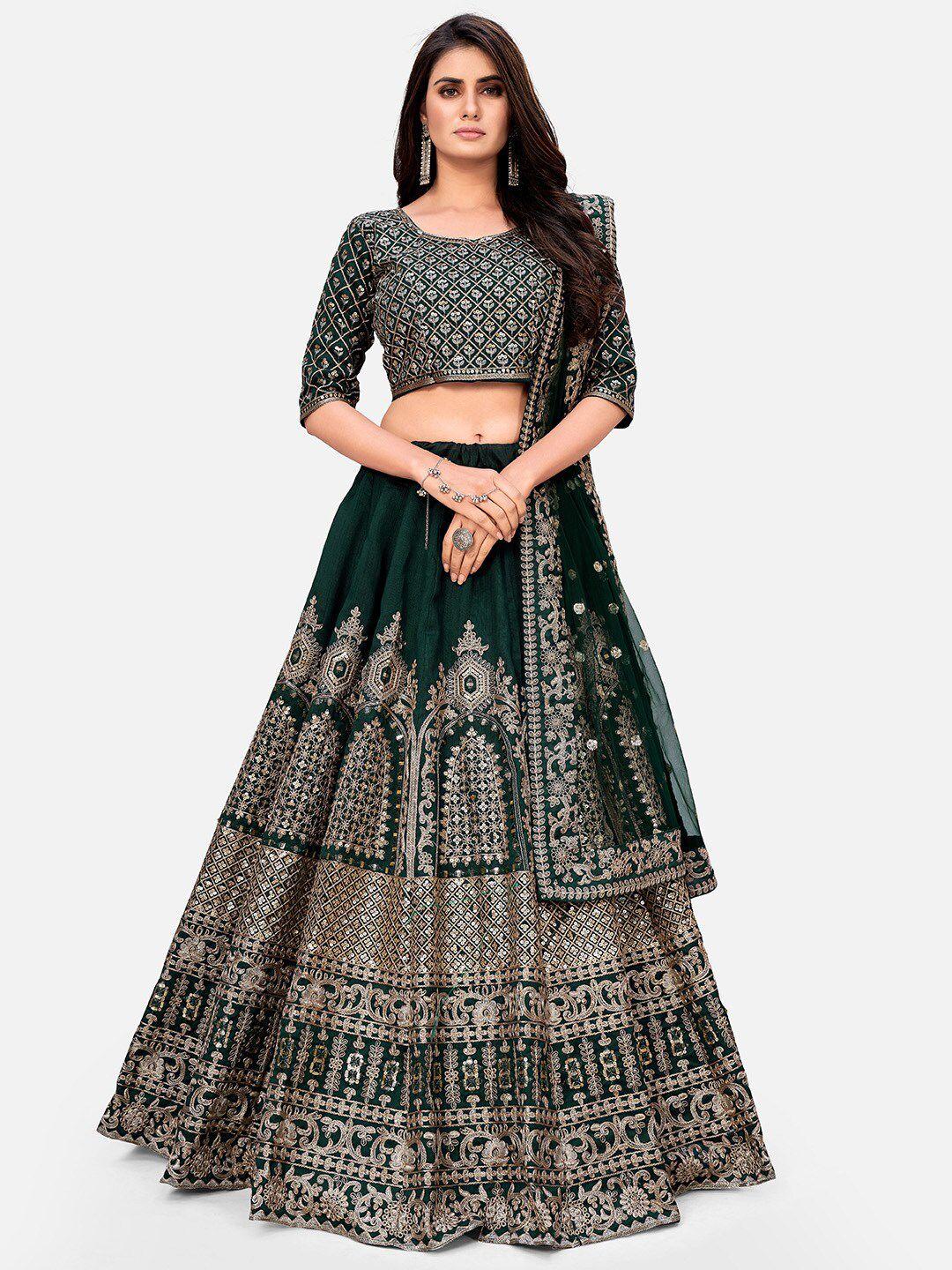 shopgarb green & gold-toned embroidered sequinned semi-stitched lehenga & unstitched blouse with dupatta