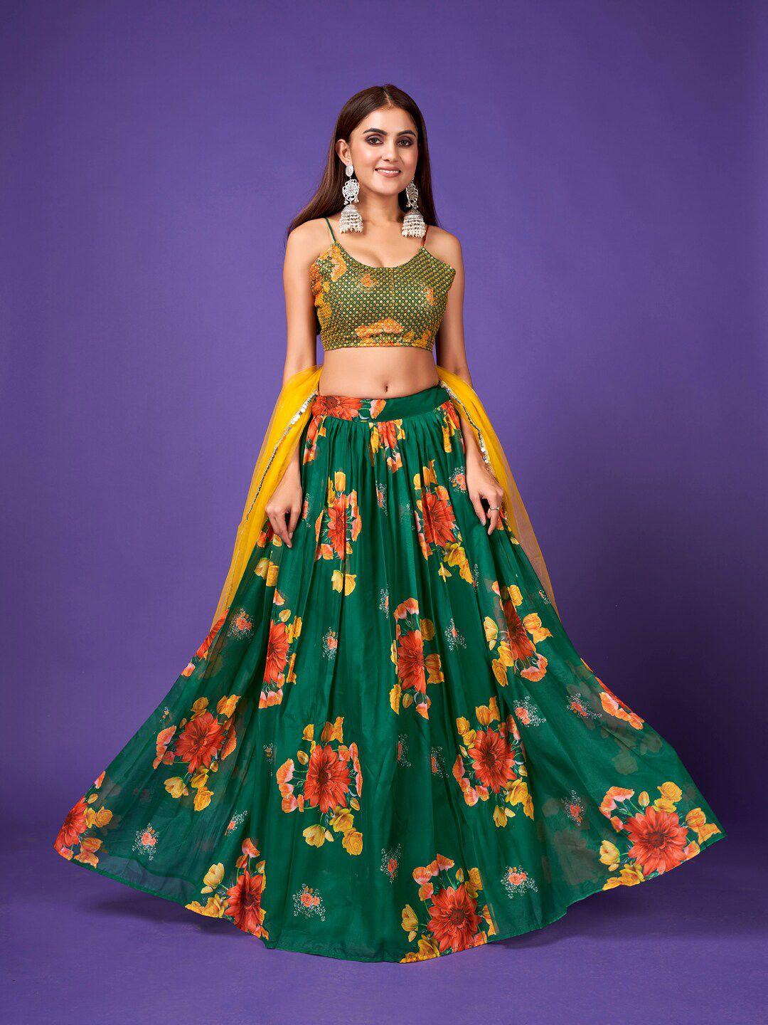 shopgarb green & yellow embellished semi-stitched lehenga & unstitched blouse with dupatta