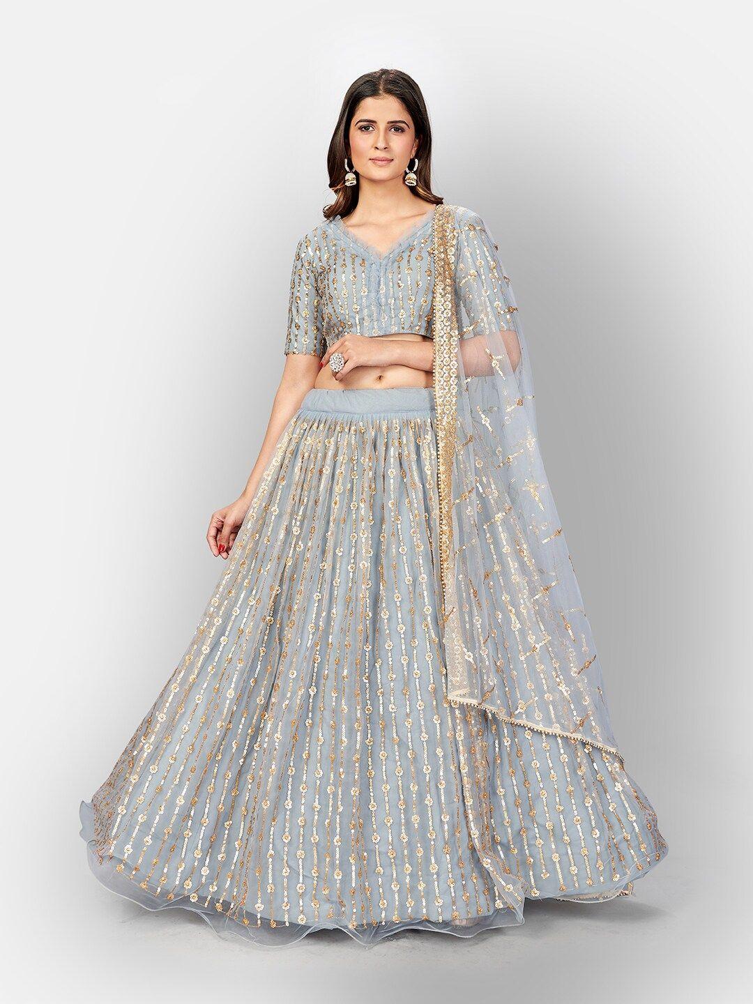 shopgarb grey & gold-toned embellished sequinned semi-stitched lehenga & unstitched blouse with dupatta