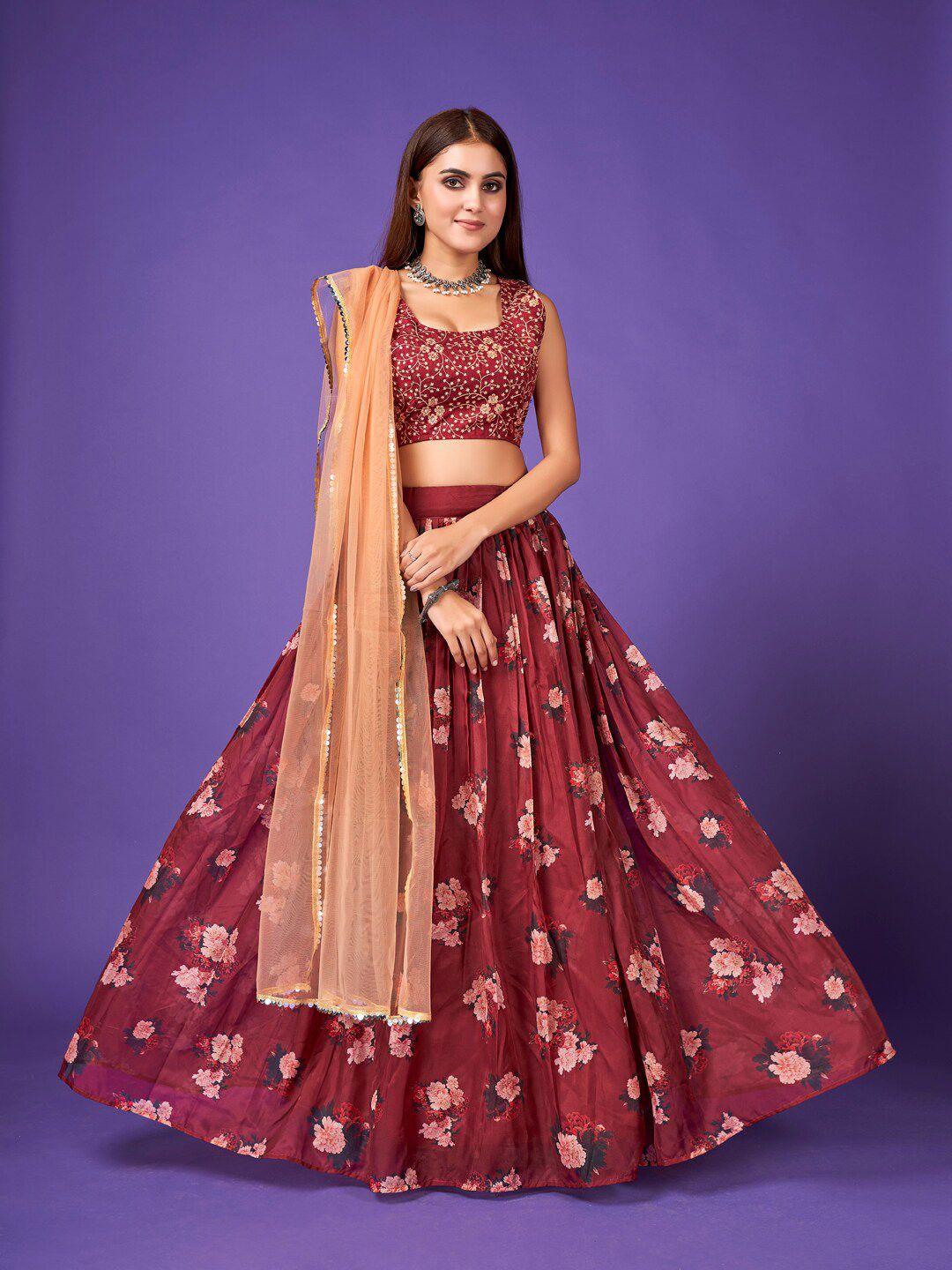 shopgarb maroon & gold-toned embroidered semi-stitched lehenga & unstitched blouse with dupatta