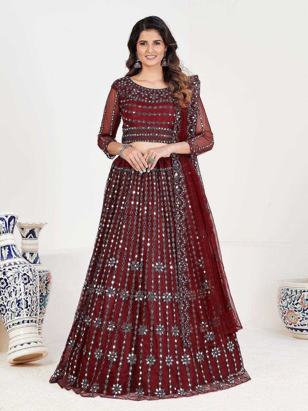 shopgarb maroon mirror work semi-stitched lehenga & unstitched blouse with dupatta