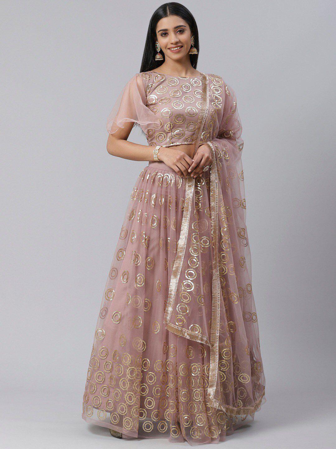 shopgarb mauve & gold-toned embellished sequinned semi-stitched lehenga & unstitched blouse with dupatta