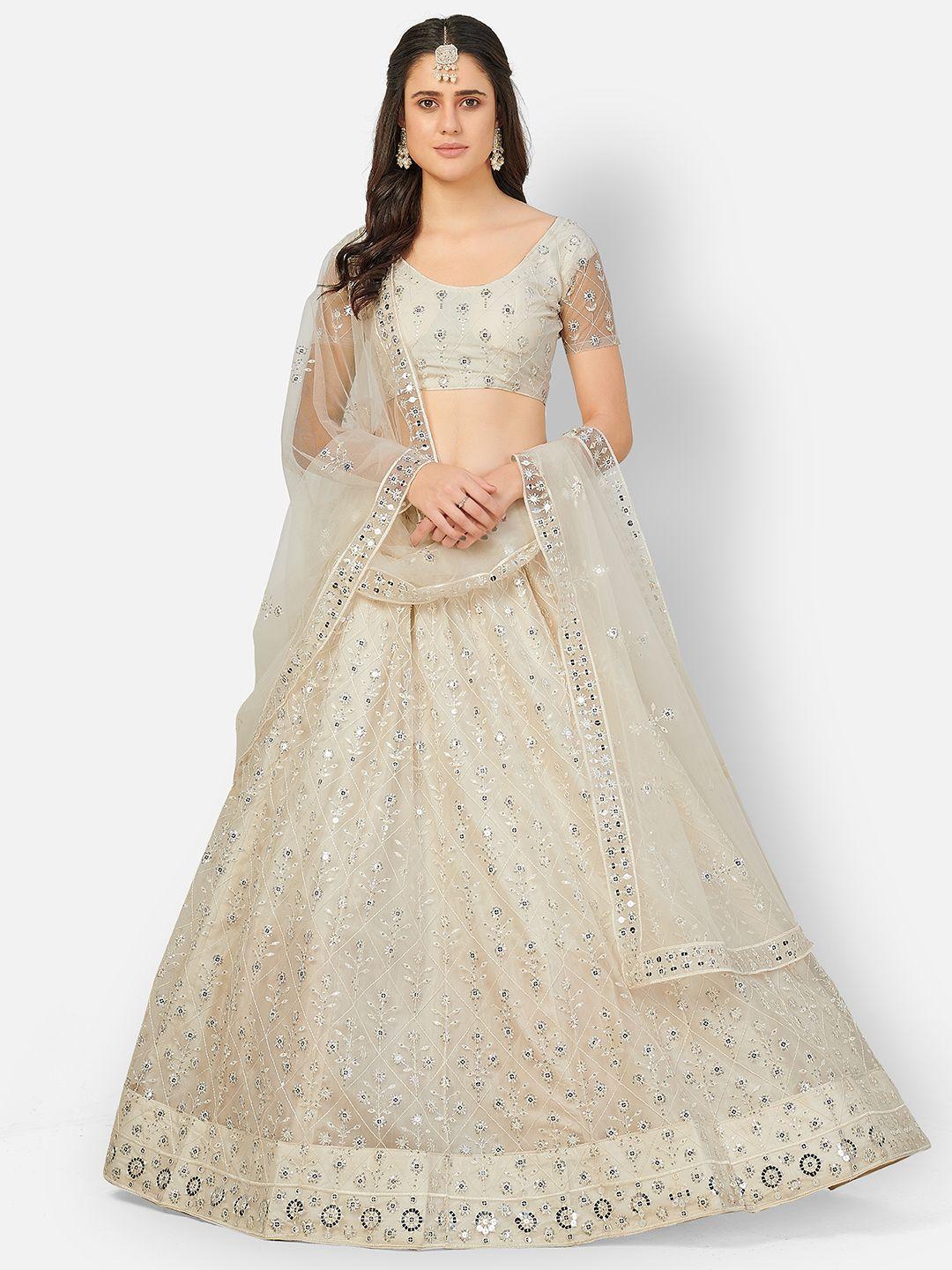 shopgarb off white & silver-toned embroidered semi-stitched lehenga & unstitched blouse