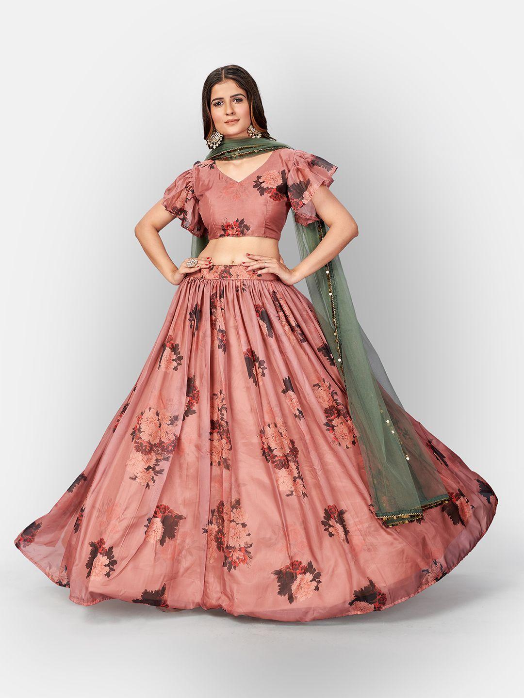 shopgarb peach-coloured & black semi-stitched lehenga & unstitched blouse with dupatta