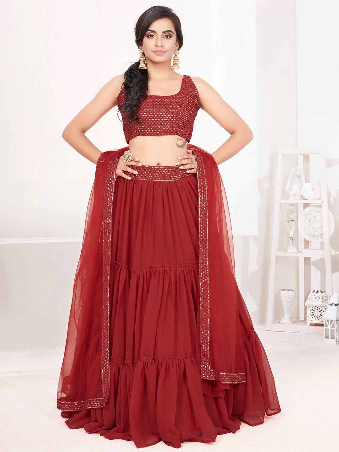 shopgarb red embellished semi-stitched lehenga & unstitched blouse with dupatta