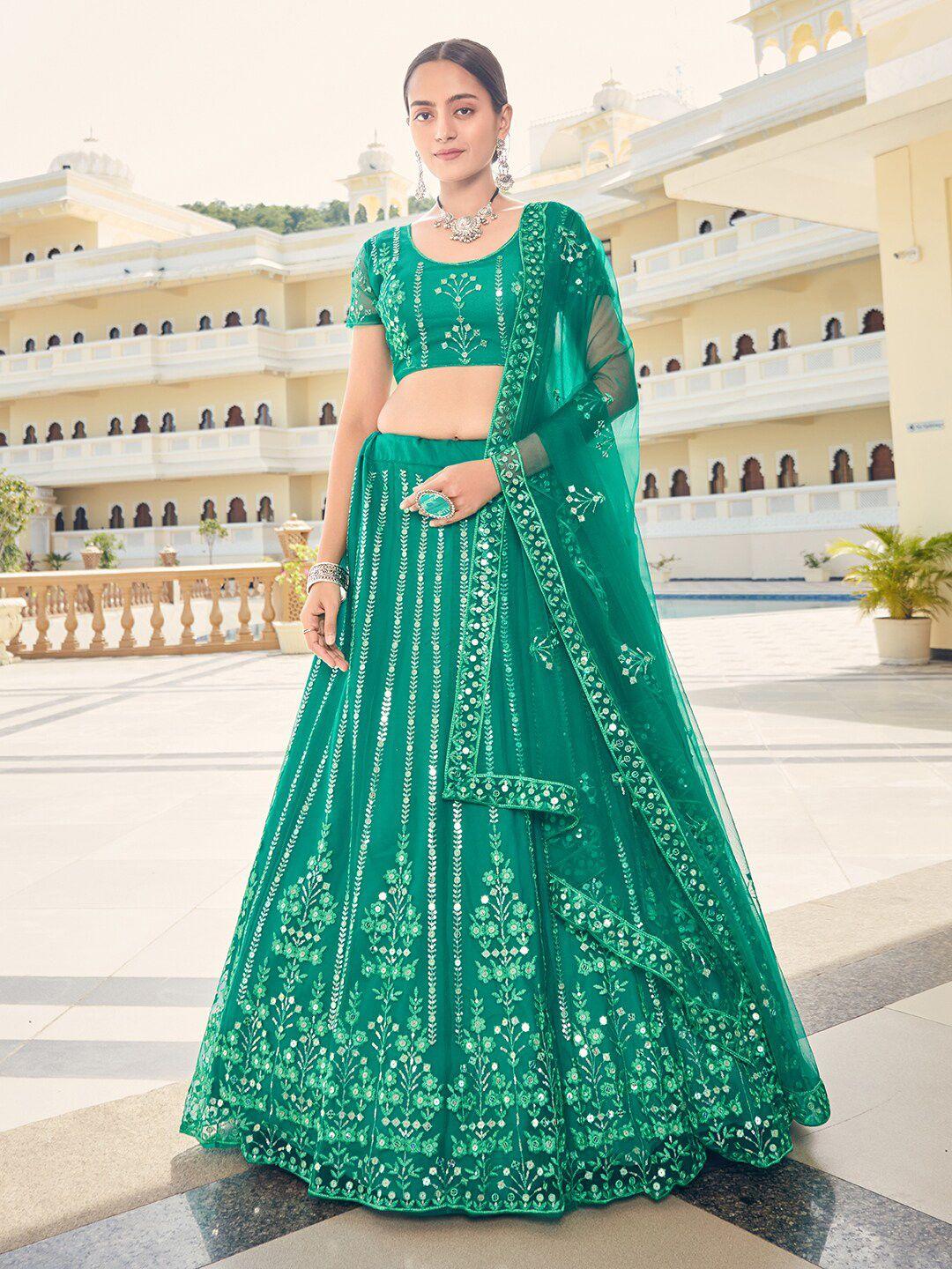 shopgarb teal embroidered sequinned semi-stitched lehenga & unstitched blouse with dupatta