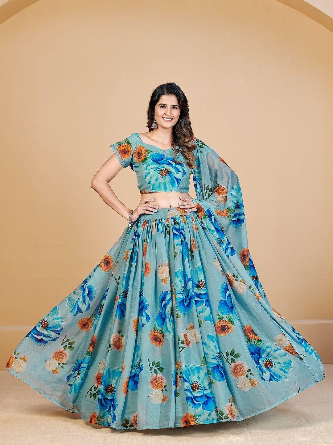 shopgarb turquoise blue & red printed semi-stitched lehenga & unstitched blouse with dupatta