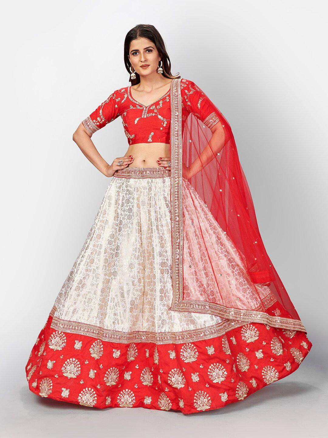 shopgarb white & red embroidered sequinned semi-stitched lehenga choli