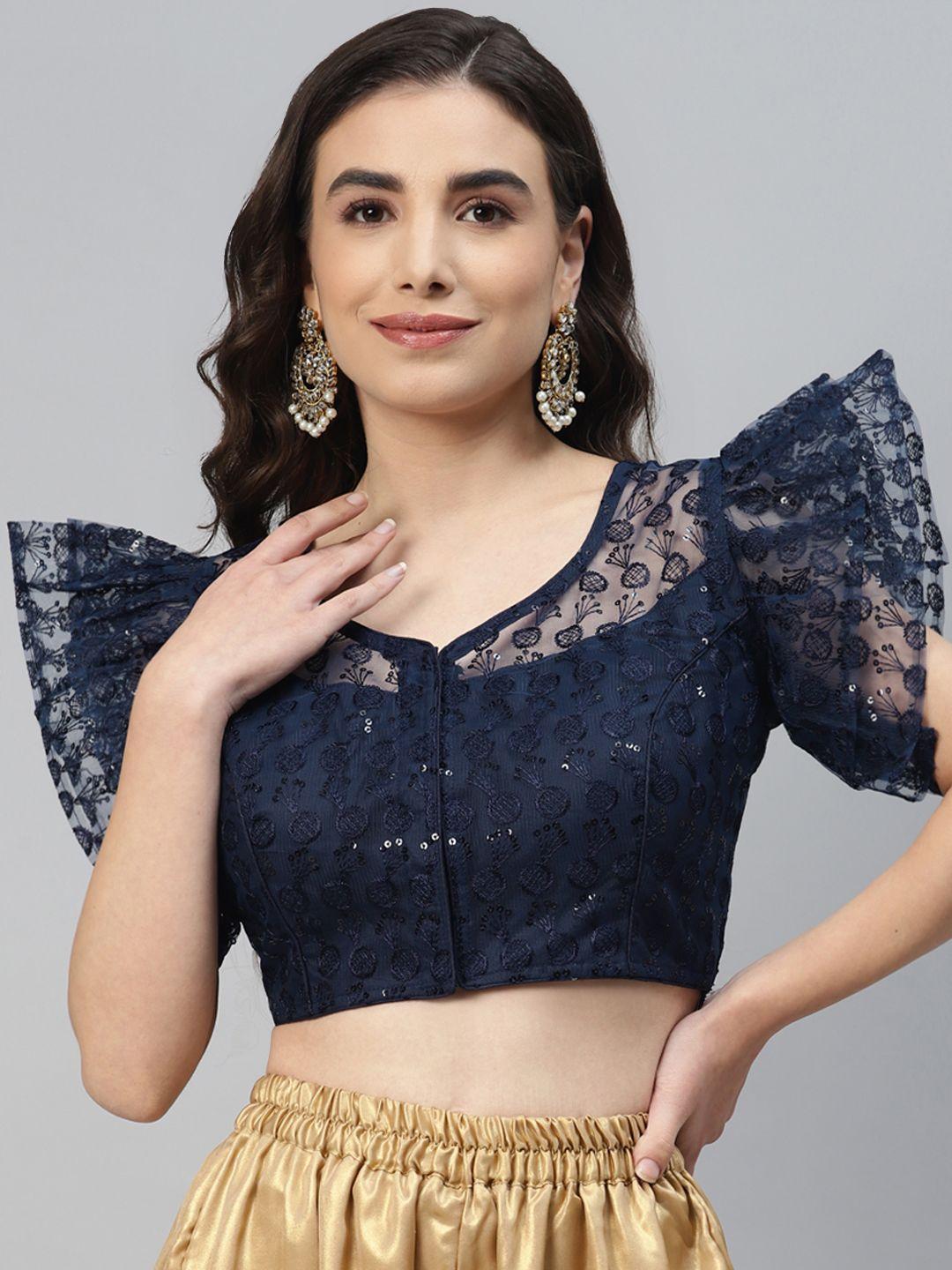 shopgarb women navy blue sequined & embroidered padded saree blouse