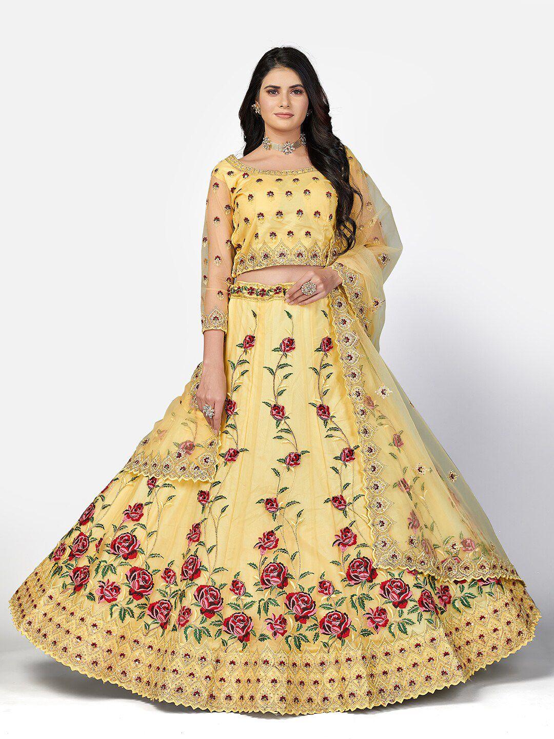 shopgarb yellow & red embroidered thread work semi-stitched lehenga & unstitched blouse with dupatta